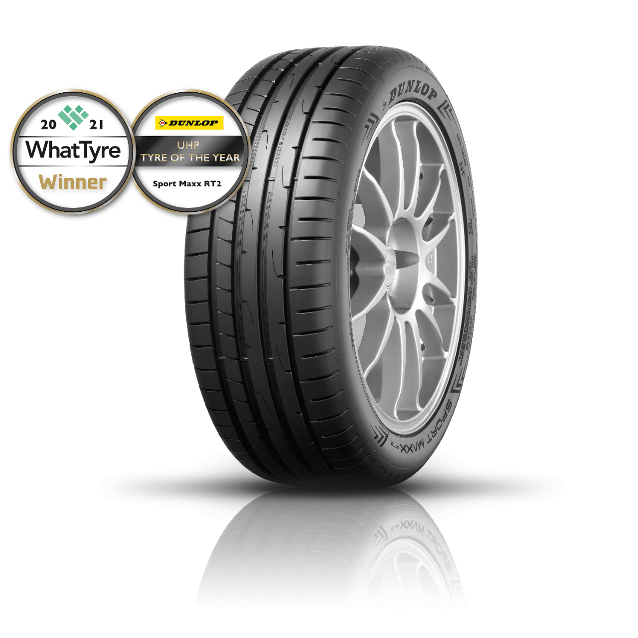 Dunlop Sport Maxx RT2 - What Tyre UHP Tyre of The Year 2021 with award badge