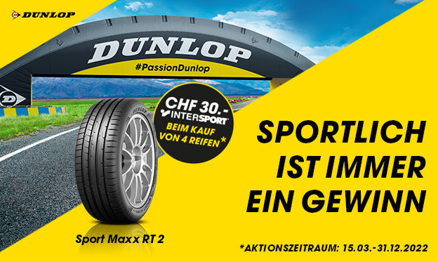 Im Aktionszeitraum 4 Dunlop PKW-Reifen kaufen und einen CHF 30.- Intersport-Gutschein einfahren.