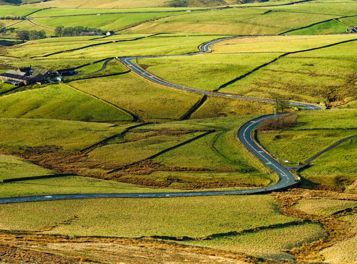Blick auf die A537 Cat and Fiddle Road