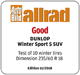 Auto Bild 2018 Winter SUV Tyre Test - Dunlop Winter Sport 5 takes Good Award