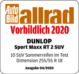 Dunlop Sport Maxx RT 2 SUV takes second place in the Auto Bild 2020 Summer 4x4 Tyre Test