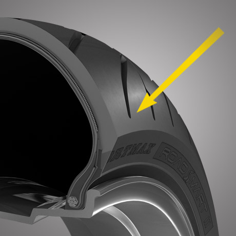 Rendered image highlighting the shoulder of a RoadSmart III Dunlop tyre