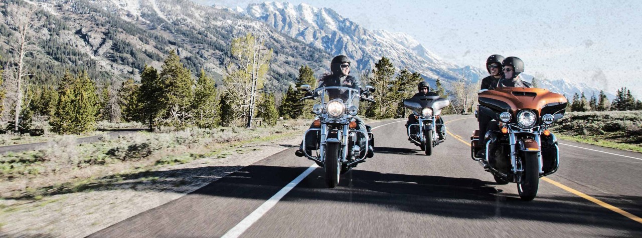 Un gruppo di motociclisti Harley-Davidson su strada aperta